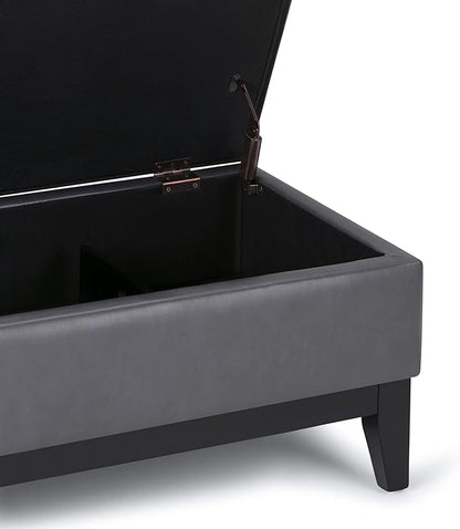 SIMPLIHOME Oregon 42 inch Wide Contemporary Rectangle Storage Ottoman Bench with Tray in Stone Grey Vegan Faux Leather, Assembled, For the Living Room, Entryway and Family Room
