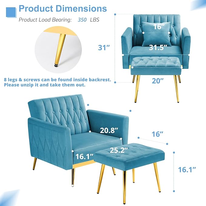 Velvet Accent Chair with Adjustable Armrests and Backrest, Button Tufted Lounge Chair, Single Recliner Armchair with Ottoman and Pillow for Living Room, Bedroom, Baby Blue