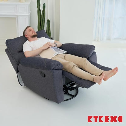 Reclining Sofa Rocking Recliner Chair Manual Adjustable 360 Swivel with Ergonomics Overstuffed Lumbar Arm Support Natural Fabric Surface Made for Living Room, Bedroom, Nursery, Dark Grey