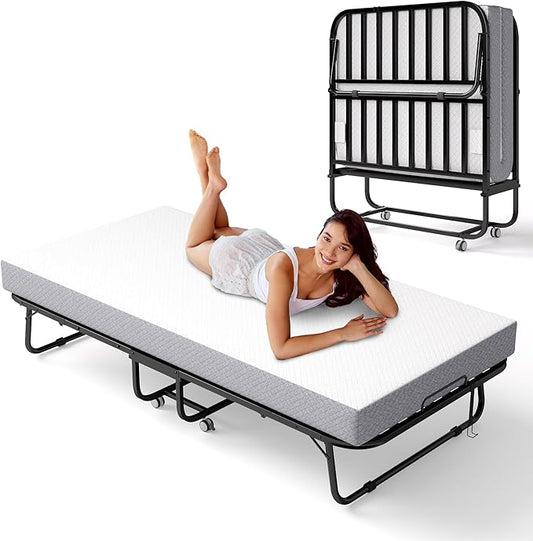 Folding Bed with Memory Foam Mattress, Portable Rollaway Guest Beds on Wheels, 75"x38" Twin Size Space-Saving Cot-Size Bed for Adults with Easy Assembly Metal Frame (White)