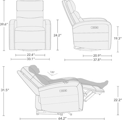 Watson & Whitely Swivel Power Recliner with Adjustable Headrest, Recliner Chairs for Adults, Small Glider Rocker for Living Room, Fabric in Khaki