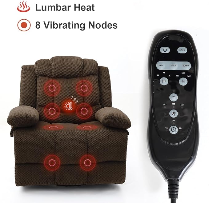 Recliner Chair Oversized 360° Swivel Rocker Recliners with Massage and Heating Theater Chairs Lounge Sofa Adults Lazy Sofas Single Couch for Living Room Overstuffed Armrests XL (Brown)