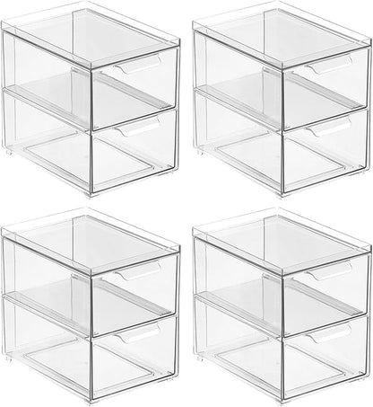 mDesign Stackable Storage Containers Box with 2 Pull-Out Drawers - Stacking Plastic Drawer Bins for Kitchen Pantry and Cupboard, Cabinet, Counter, Island and Tables - Lumiere Collection, 4 Pack, Clear
