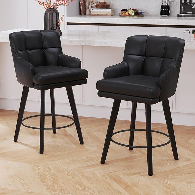 360°Swivel Counter Height Bar Stools with Back, 26 inch Solid Wood Legs, Bar Stool Modern Kitchen Island Chairs, Faux Leather (Black- Faux Leather, 26" H- Set of 2)