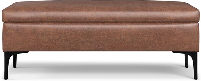 SIMPLIHOME Rebecca 48 inch Wide Mid Century Modern Rectangle Large Coffee Table Storage Ottoman with Lift up Lid in Distressed Saddle Brown Faux Leather for The Living Room, Entryway and Family Room