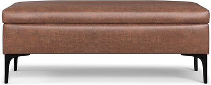 SIMPLIHOME Rebecca 48 inch Wide Mid Century Modern Rectangle Large Coffee Table Storage Ottoman with Lift up Lid in Distressed Saddle Brown Faux Leather for The Living Room, Entryway and Family Room