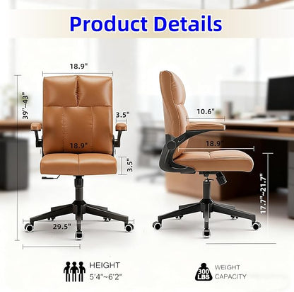 Ergonomic Office Desk Chair with Space Saving Flip-Up Arms, 360° Swivel & Reclining Back, High-Back Executive Chair in Soft Faux Leather for Office&Study (Brown)