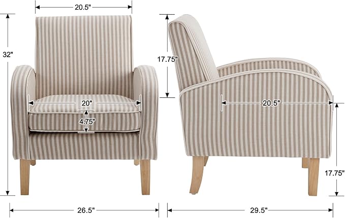 Striped Accent Chair for Living Room Set of 2, Farmhouse Linen Upholstered Striped Arm Chair Seat Reading Chairs Bedroom Side Seating for Home Office, Beige with Stripe