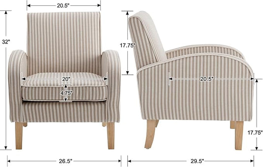 Striped Accent Chair for Living Room Set of 2, Farmhouse Linen Upholstered Striped Arm Chair Seat Reading Chairs Bedroom Side Seating for Home Office, Beige with Stripe