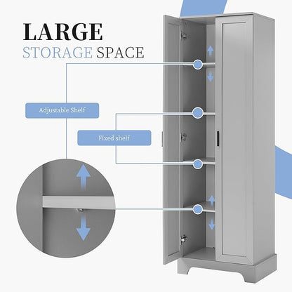 Tall Freestanding Storage Cabinet, Multi-Purpose Floor Organizer with 2 Doors & 5 Adjustable Shelves for Bathroom, Office, Living Room, Grey