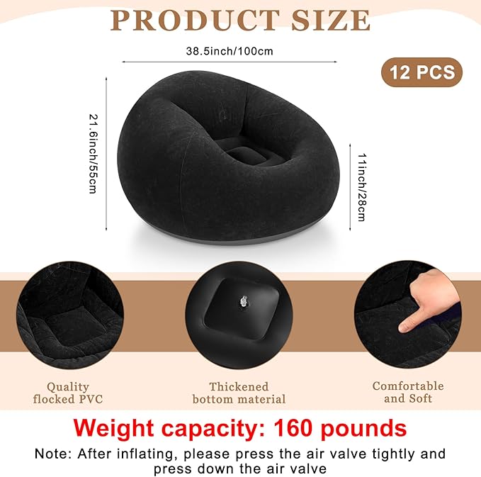 Realspring 12 Pcs Bean Bag Chairs for Adults Inflatable Chairs with Electric Air Pump,Blow up Couch Folding Portable Inflatable Couch Lazy Sofa for Reading Living Room Camping (Black)