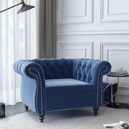 Living Room Chair, Modern Velvet Chesterfield Sofa Chair, Mid Century Single Sofa Couch Chair with Tufted Back and Rolled Arms, Accent Sofa Chair for Living Room Apartment, Blue