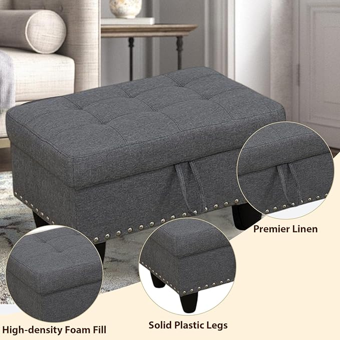 Linen Fabric Storage Ottoman with Nailhead Trim, 28.5"X19.5"X17.5" Footrest Stool, Hidden Storage Foot Stool for Living Room, Bedroom Furniture, Grey