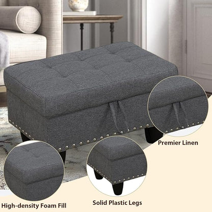 Linen Fabric Storage Ottoman with Nailhead Trim, 28.5"X19.5"X17.5" Footrest Stool, Hidden Storage Foot Stool for Living Room, Bedroom Furniture, Grey