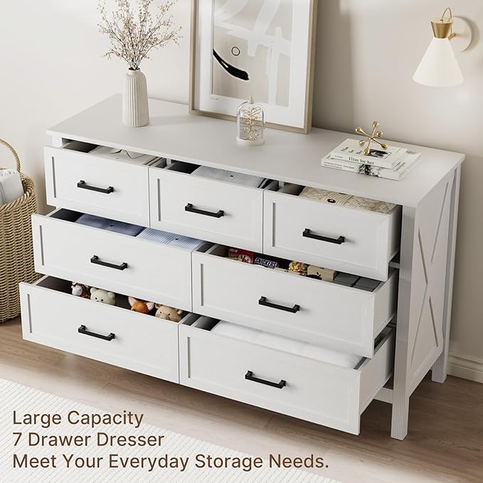 LYNSOM Farmhouse 7 Drawers Dresser for Bedroom, Wood Rustic Wide Chest of Drawers with Deep Drawers, Metal Handle, Storage Dressers Organizer for Hallway