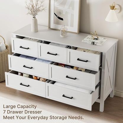 LYNSOM Farmhouse 7 Drawers Dresser for Bedroom, Wood Rustic Wide Chest of Drawers with Deep Drawers, Metal Handle, Storage Dressers Organizer for Hallway