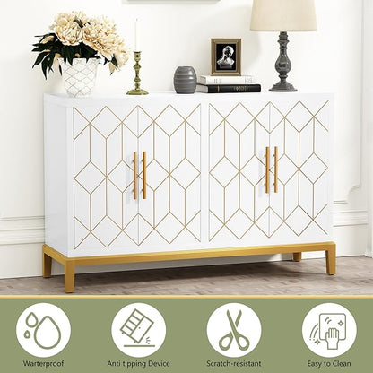 HLR Accent Cabinet with 4 Doors&Shelves, Sideboard Buffet Cabinet with Gold Trim, Modern White Storage for Living Room, Entryway, Kitchen, Dining Room, Hallway