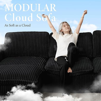 110'' Boneless Modular Sectional Couches for Living Room, Comfy Cloud Couch Sectional Sofas with Ottoman, Convertible L Shaped Couches for Apartment, Dorm, No Assembly Required, Black Corduroy