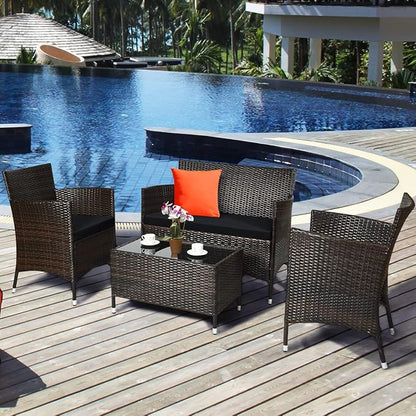 COSTWAY 4PCS Rattan Patio Furniture Set, Outdoor Wicker Rattan Chairs with Coffee Table, Rattan Cushioned Conversation Set for Backyard Balcony Porch Poolside, Black