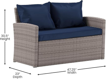 Flash Furniture Aransas Series 4 Piece Light Gray Patio Set with Navy Back Pillows and Seat Cushions