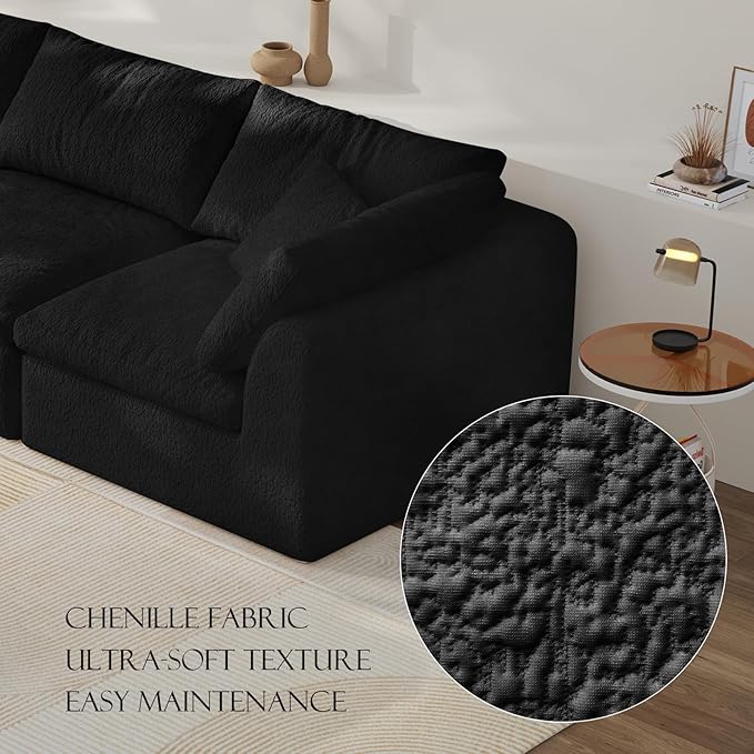 138" Boneless Cloud Couch Modular Sectional Sofa with Deep Seat for Living Room, L Shape Couch with Ottoman, Snowflake Cloth and 40D Memory Sponge，2 Throw Pillows (Black, 4 Seater+4 Ottoman)
