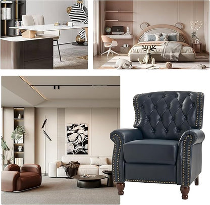 HULALA HOME Genuine Leather Recliner Chair Set of 2 w/Solid Wood Feet, Modern Adjustable Tufted Push Back Arm Chair w/Rivet Decoration, Home Theater Seating Reclining Sofa for Living Room, Navy