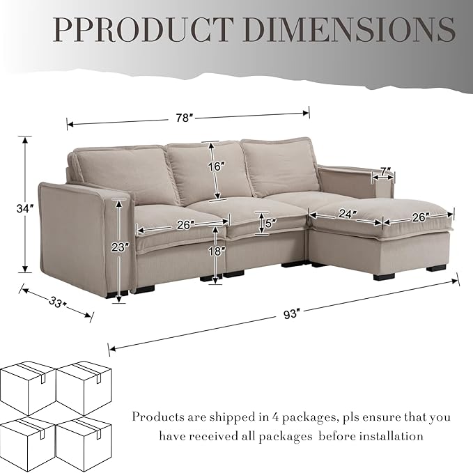 Modern Sectional Sofa for Living Room, Upholstered 3-Seater Modular Couches Linen Fabric L-Shaped Sofa with Ottoman for Home Furniture, Oatmeal