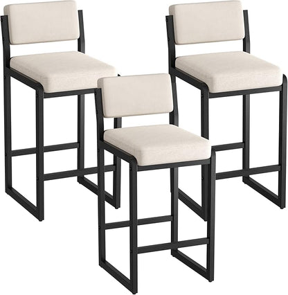 Bar Stools Set of 3, Fabric Counter Height Bar Stools with High Back and Metal Legs, Upholstered Bar Chairs, 26 in Height Modern Barstools for Kitchen Island, Camel