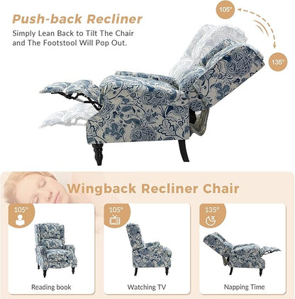 HULALA HOME Upholstered Wingback Recliner Chair Set of 2, Small Adjustable Footrest Push Back Single Reclining Sofa, Mid Century Modern Lounge Armchair for Living Room, Bedroom, Reading/Jacobean