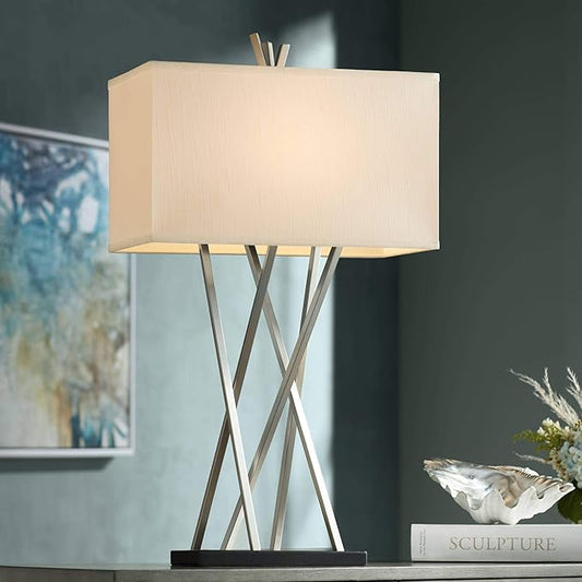 Possini Euro Design Modern Table Lamp 30" Tall Brushed Nickel Silver Open Asymmetry Metal White Linen Rectangular Box Shade for Bedroom Living Room House Home Bedside Nightstand Office Kids Family