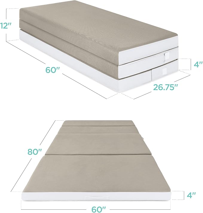 Best Choice Products 4in Portable Queen-Size Mattress, Tri-Fold Mattress for Camping, Guest, Toddler, Foam Plush w/Carry Case - Taupe