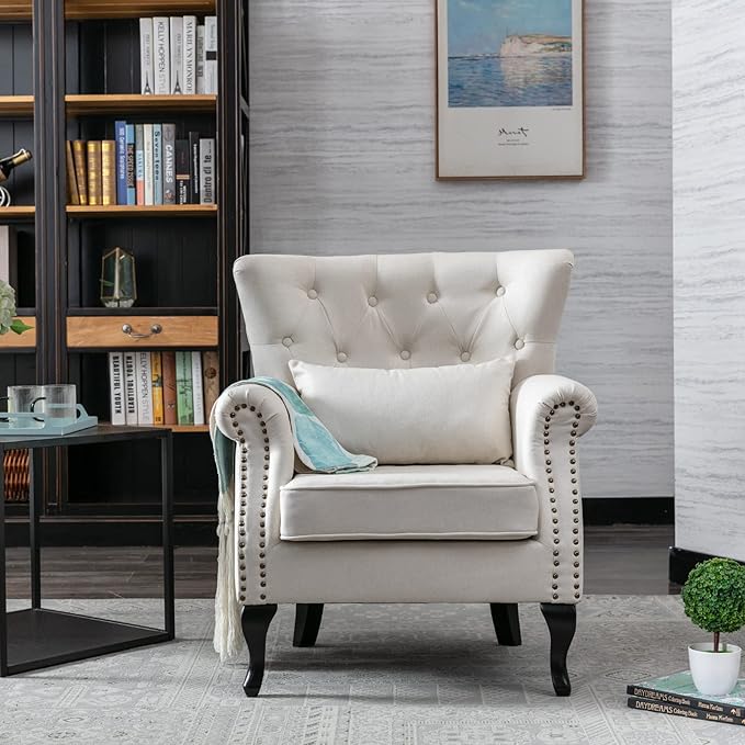 Accent Reading Arm Chairs for Living Room Bedroom, Midcentury Modern Comfy Corner Sofa Chair, Wingback Waiting Room Club Chair with Button Tufted Back &Lumbar Pillow, Linen Beige