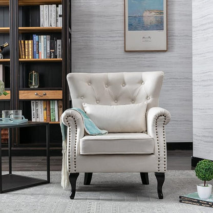 Accent Reading Arm Chairs for Living Room Bedroom, Midcentury Modern Comfy Corner Sofa Chair, Wingback Waiting Room Club Chair with Button Tufted Back &Lumbar Pillow, Linen Beige