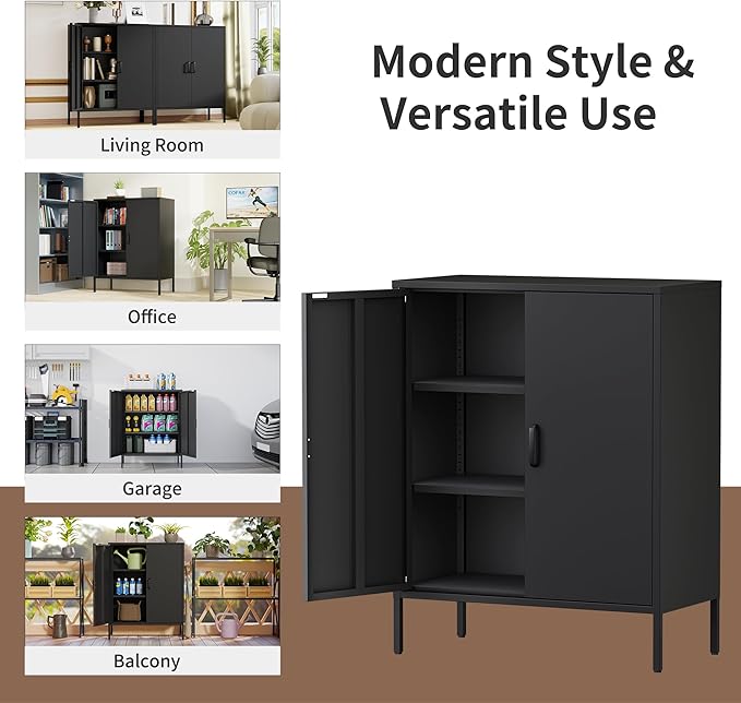 Metal Storage Cabinet with Doors and Shelves,Multipurpose Storage Rack, 3-Tier Shelf,Metal Locker Style Accent Cabinet for Home Office,Living Room,Kitchen (Black, 40''H)
