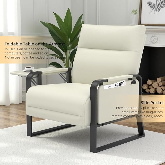 Faux Leather Accent Chair with Flip Up Tray Table Soft Backrest Side Pocket for Living Room Office Bedroom Leather Accent Chair, Beige