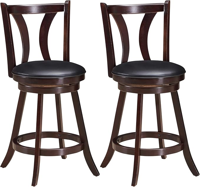 COSTWAY Bar Stools Set of 2, 360-Degree Swivel Stools with Leather Padded Seat, Single Slat Back & Solid Rubber Wood Legs, Counter Height Stools for Pub, Restaurant, Kitchen, Brown (4)