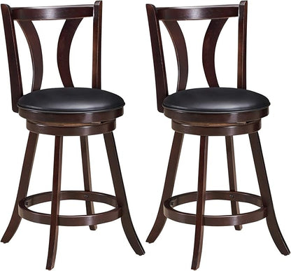 COSTWAY Bar Stools Set of 2, 360-Degree Swivel Stools with Leather Padded Seat, Single Slat Back & Solid Rubber Wood Legs, Counter Height Stools for Pub, Restaurant, Kitchen, Brown (4)