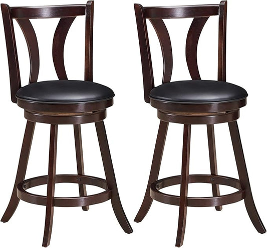 COSTWAY Bar Stools Set of 2, 360-Degree Swivel Stools with Leather Padded Seat, Single Slat Back & Solid Rubber Wood Legs, Counter Height Stools for Pub, Restaurant, Kitchen, Brown (4)