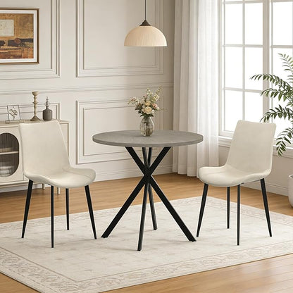 31.5" Round Dining Table and Chairs Set for 2, Small Dining Table Chairs Set Space-Saving, Small Dinette Sets for 2 for Kitchen Dining Room Apartment(Gray Table + Beige Chairs)