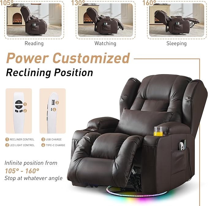 Power Swivel Rocker Recliner Chairs, Electric Wall Hugger Reclining Sofa with Massage & Heat, Comfy Theater Seating Single Chair with LED Light/USB/Type-C Ports (Leather Brown, Set of 2)