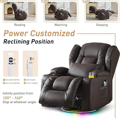 Power Swivel Rocker Recliner Chairs, Electric Wall Hugger Reclining Sofa with Massage & Heat, Comfy Theater Seating Single Chair with LED Light/USB/Type-C Ports (Leather Brown, Set of 2)