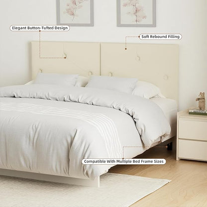 Modern Queen Headboard, Upholstered Faux Leather Bed Headboard with Solid Wood & Sturdy Metal Legs, Tufted Adjustable Height Headboards in Button Design, Beige