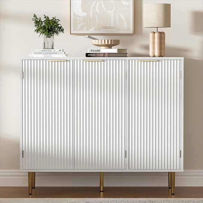 Fluted Sideboard Buffet with 3 Doors, Modern Accent Cabinet with Adjustable Shelves, Kitchen Storage Cabinet with Golden Handles, Coffee Bar for Kitchen, Living Room, White