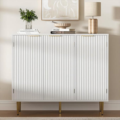 Fluted Sideboard Buffet with 3 Doors, Modern Accent Cabinet with Adjustable Shelves, Kitchen Storage Cabinet with Golden Handles, Coffee Bar for Kitchen, Living Room, White