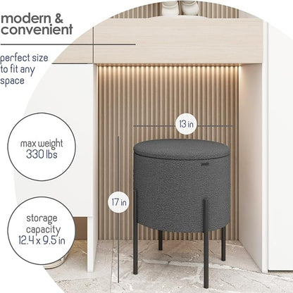 STORAGEBUD Round Ottoman with Storage, Boucle Storage Foot Stool, Makeup Vanity Stool, Small Ottoman Foot Rest, Modern Ottomans for Living Room and Bedroom, Grey