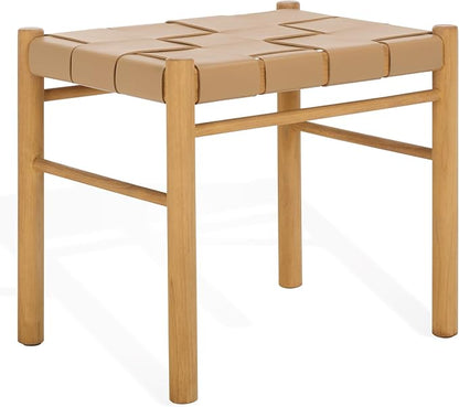 SAFAVIEH Couture Collection Devnie Tan Woven Leather & Natural Solid Wood Ottoman (Fully Assembled)