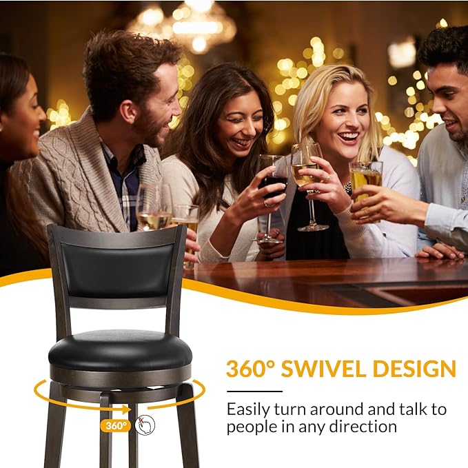 PrimeZone Swivel Bar Stools Set of 8, 26 Inch Counter Height Barstools, Black Faux Leather Bar Stool with High Backrest & Solid Wood Legs & Wrap-around Footrest, Counter Stools for Kitchen Island, Pub