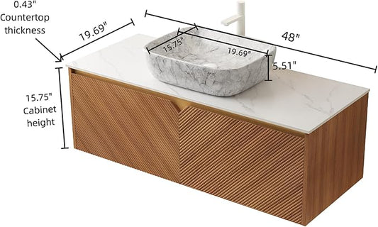48 Inch Bathroom Vanity with Sink, Floating Fluted Vanity with Vessel Sink, Modern Wall Mounted Bathroom Vanity Cabinet with 2 Doors, Oval Marble Vessel Ceramic Sink & Sintered Stone Top, Oak
