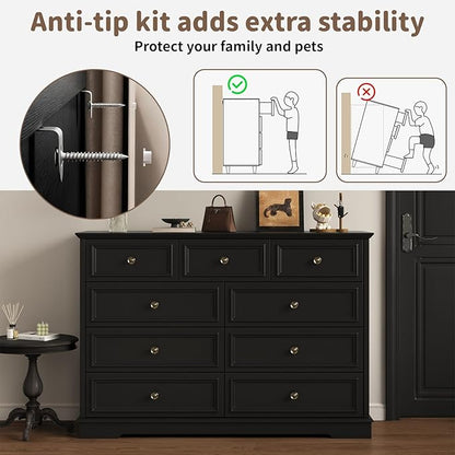 Dresser for Bedroom, 51" Wide Wood 9 Drawers Dresser with Storage, Retro Design Chest of Drawers for Bedroom, Living Room, Dressing Room, Hallway, Black