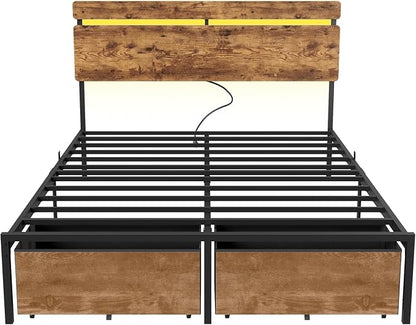 Forestell Full Size Bed Frame with Wood Headboard, Metal Platform Bed with 2 Storage Drawers & Shelf, Built in Charging Station & LED Lights, No Box Spring Needed, Vintage Brown, Camas Full